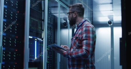 Tecnico che effettua manutenzione su armadio rack